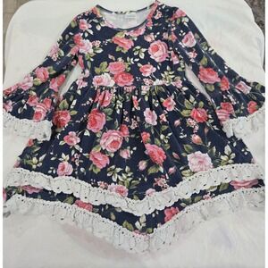 Boutique Girls Floral‎ Dress Size L Large Navy Pink Rose Crochet Lace Trim...